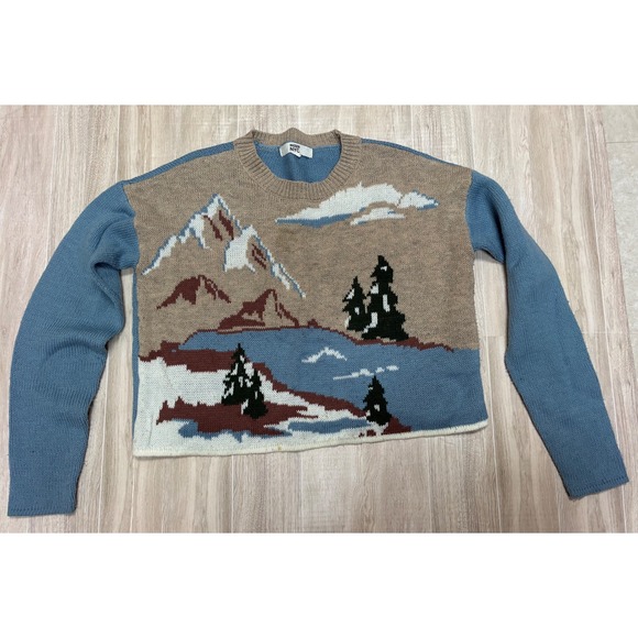Madden Nyc Sweaters - Madden NYC Womens Small Mountain Landscape  Knit Sweater Blue Brown Cropped